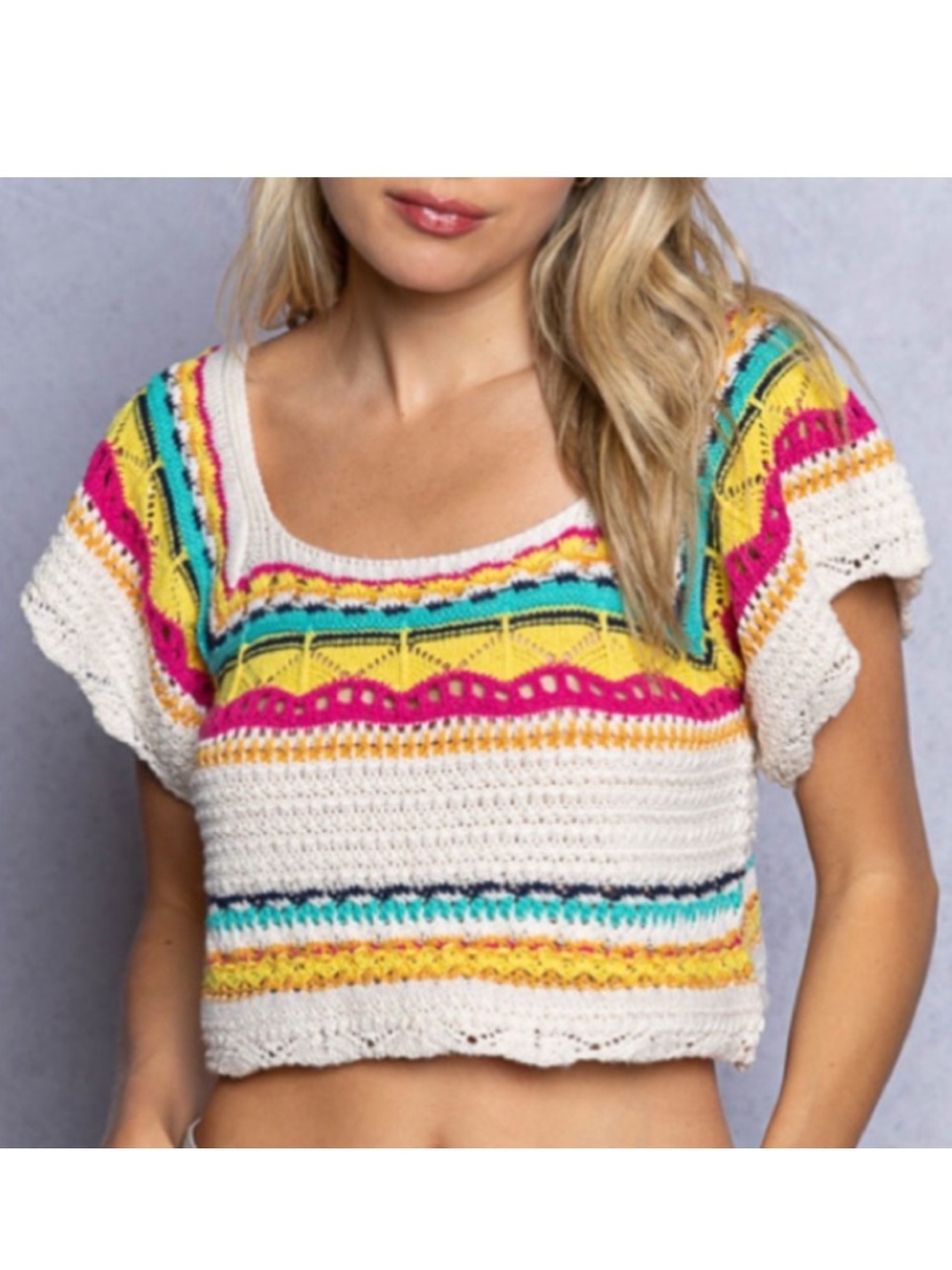 POL White Crocheted Square-Neck Crop Top with Yellow, Teal & Magenta Accents